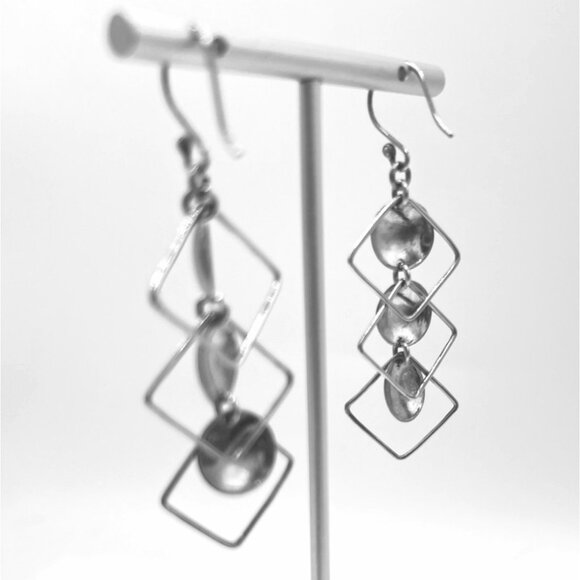 Silver Geometric Earrings 2.5" Dangle Articulated Spheres Triangles Squares - Picture 2 of 6